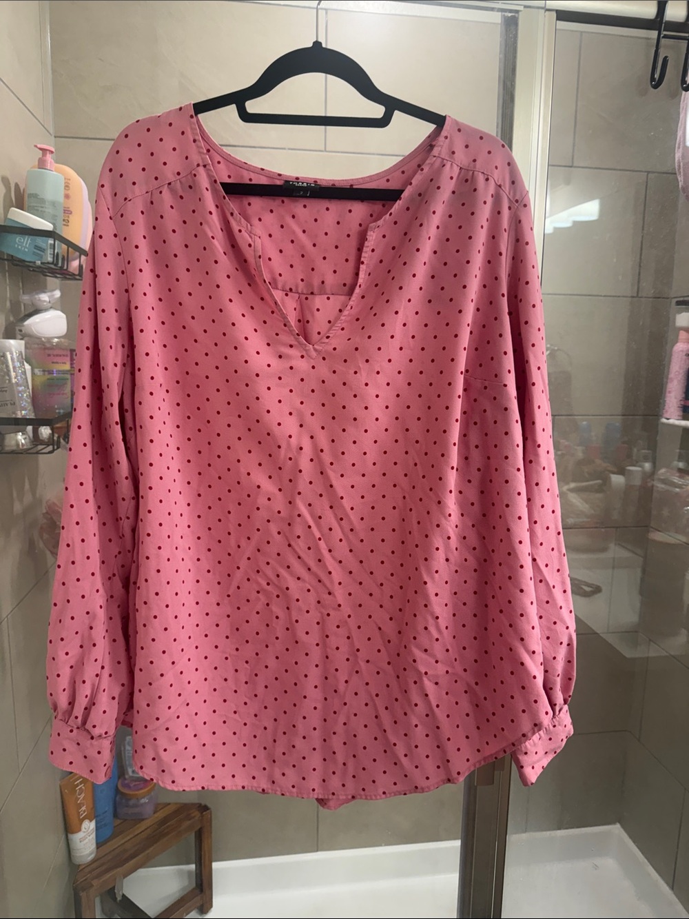 torrid Pink Long Sleeve V-Neck Polka Dot Blouse